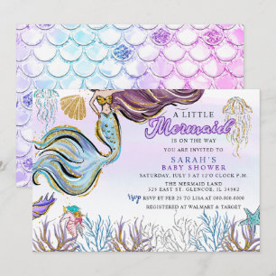 Purple Pink Modern Glitter Mermaid Baby Shower Invitation