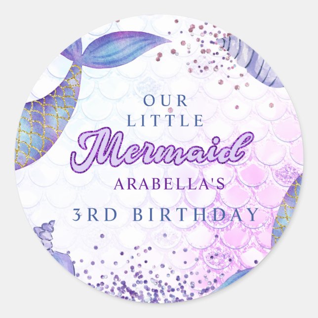 Purple Pink Modern Glitter Mermaid Birthday Classic Round Sticker (Front)