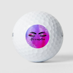 Purple Pink Monogram Glitter Eyelashes Modern Golf Balls
