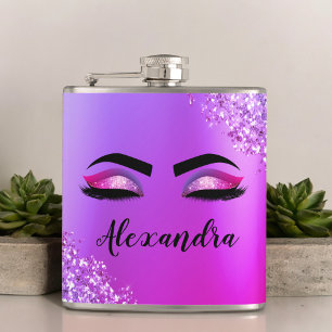 Purple Pink Monogram Glitter Eyelashes Modern Hip Flask