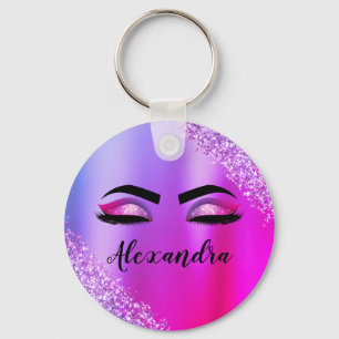 Purple Pink Monogram Glitter Eyelashes Modern Key Ring