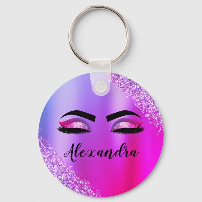 Purple Pink Monogram Glitter Eyelashes Modern Key Ring (Front)
