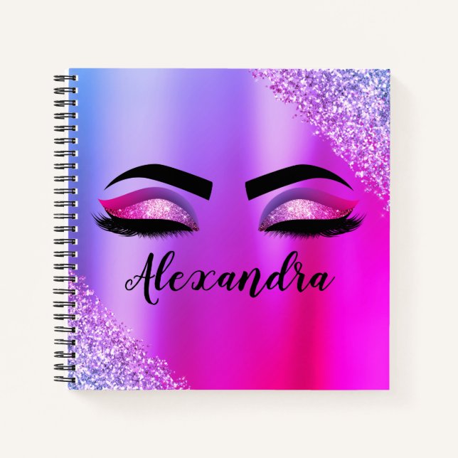 Purple Pink Monogram Glitter Eyelashes Modern Notebook (Front)