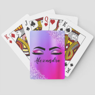 Purple Pink Monogram Glitter Eyelashes Modern Playing Cards