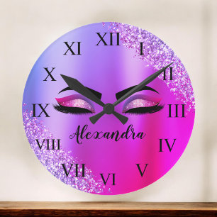 Purple Pink Monogram Glitter Eyelashes Modern Round Clock
