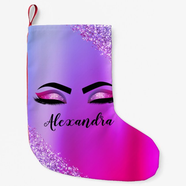 Purple Pink Monogram Glitter Eyelashes Modern Small Christmas Stocking (Front)