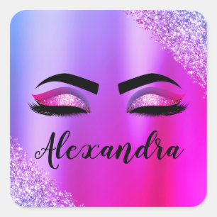 Purple Pink Monogram Glitter Eyelashes Modern Square Sticker