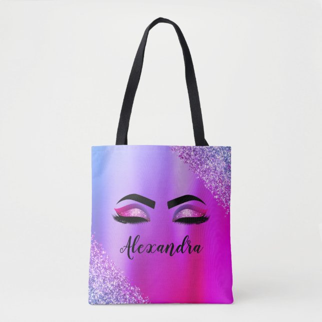 Purple Pink Monogram Glitter Eyelashes Modern Tote Bag (Front)