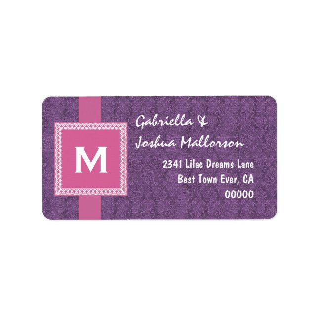 Purple Pink Monogram Square Frame and Ribbon M510 Label (Front)