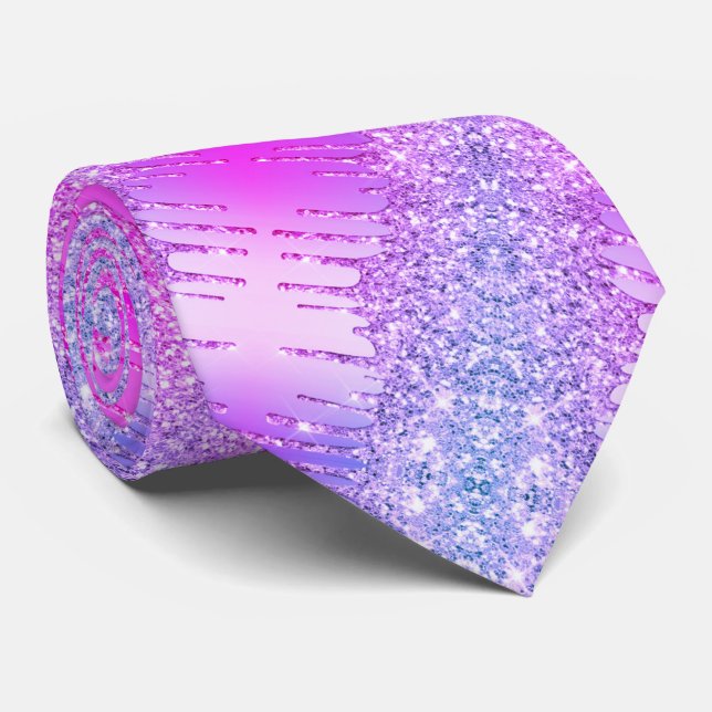 Purple Pink Neon Glitter Drips Party Neck Tie (Rolled)