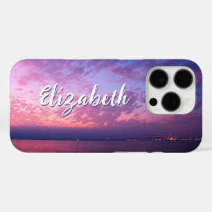 Purple Pink Ocean Sunset Photo Name Script Modern iPhone 16 Pro Case