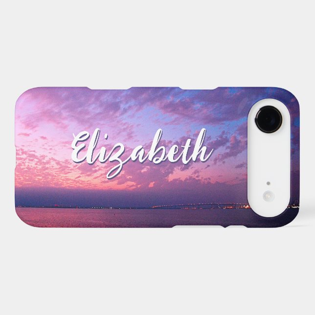 Purple Pink Ocean Sunset Photo Name Script Stylish (Back (Horizontal))