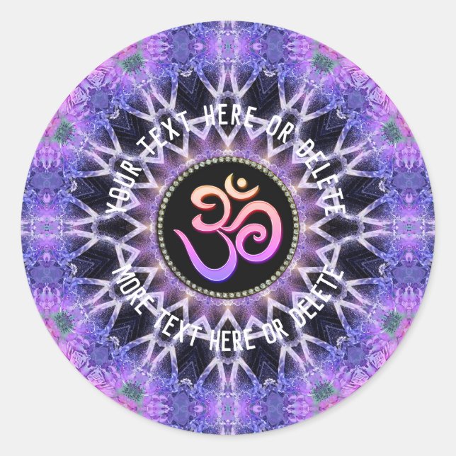 Purple Pink Om Mandala with custom curved text Classic Round Sticker (Front)