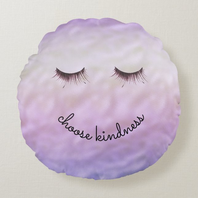 Purple Pink Ombre Black Eyelashes Kindness Round Cushion (Front)