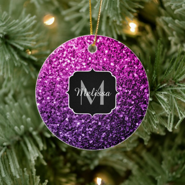 Purple Pink Ombre faux glitter sparkles Monogram Ceramic Ornament (Tree)