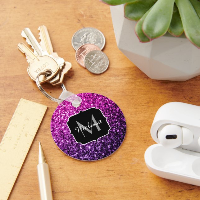Purple Pink Ombre faux glitter sparkles Monogram Key Ring (Desk)