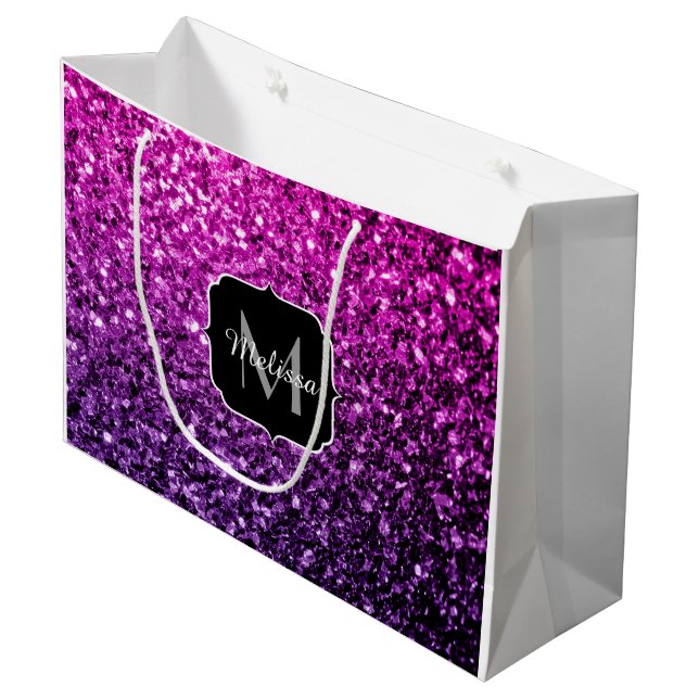 Purple Pink Ombre faux glitter sparkles Monogram Large Gift Bag (Front Angled)