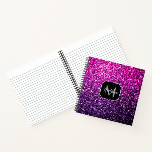 Purple Pink Ombre faux glitter sparkles Monogram Notebook