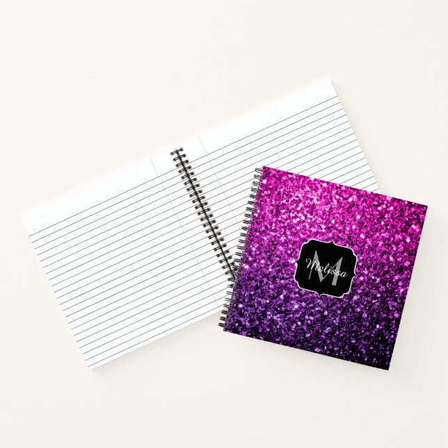 Purple Pink Ombre faux glitter sparkles Monogram Notebook (Inside)