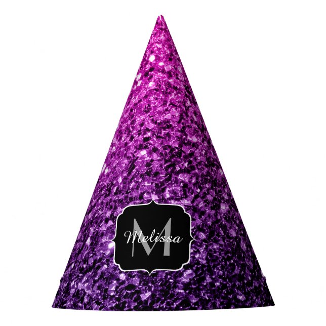 Purple Pink Ombre faux glitter sparkles Monogram Party Hat (Front)