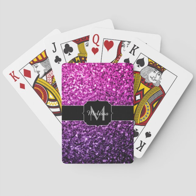 Purple Pink Ombre faux glitter sparkles Monogram Playing Cards (Back)