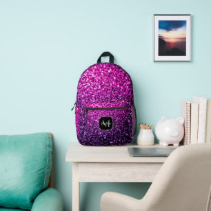 Purple pink ombre faux glitter sparkles Monogram Printed Backpack