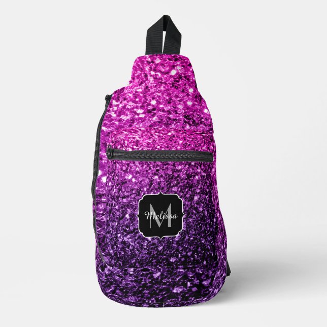 Purple pink ombre faux glitter sparkles Monogram Sling Bag (Front)