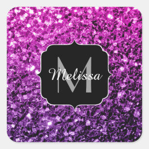 Purple Pink Ombre faux glitter sparkles Monogram Square Sticker