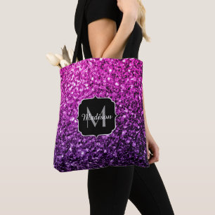 Purple Pink Ombre faux glitter sparkles Monogram Tote Bag