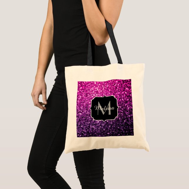 Purple Pink Ombre faux glitter sparkles Monogram Tote Bag (Front (Product))