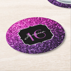 Purple Pink Ombre glitter sparkles Sweet 16 Round Paper Coaster