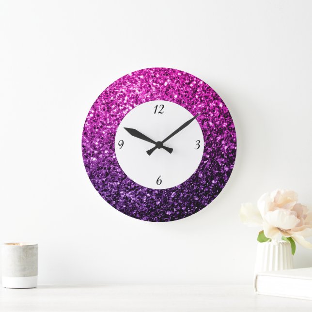 Purple Pink Ombre glitter sparkles with numbers Large Clock (Home)