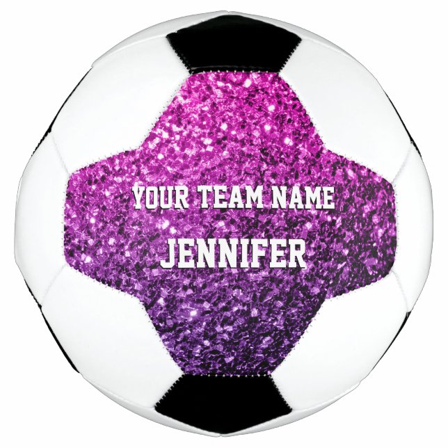 Purple pink ombre glitter sparkles Your name Team Soccer Ball (Front)