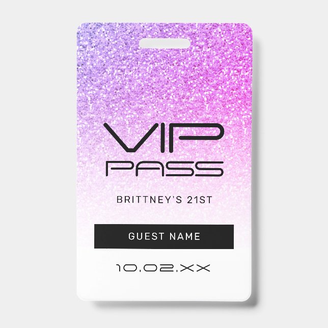 Purple Pink Ombre Glitter VIP Pass Party Invite ID Badge (Front)