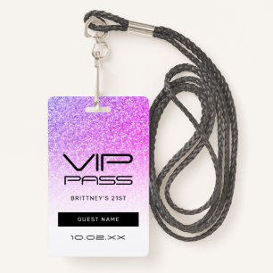 Purple Pink Ombre Glitter VIP Pass Party Invite ID Badge