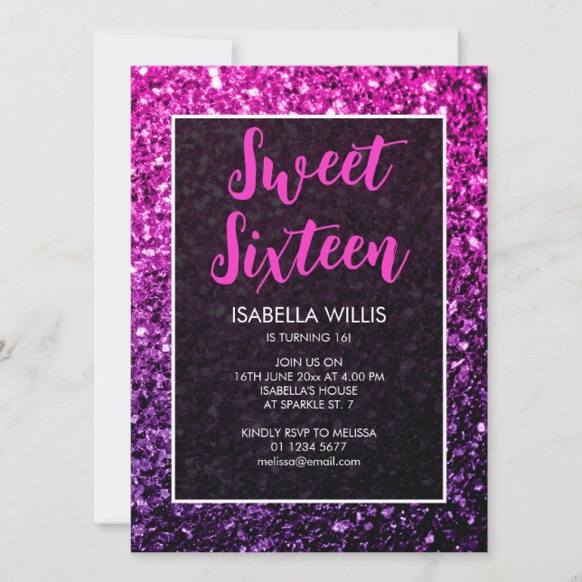Purple Pink Ombre sparkles Sweet 16 elegant script Invitation (Front)