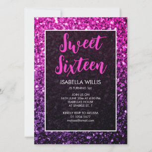 Purple Pink Ombre sparkles Sweet 16 elegant script Invitation