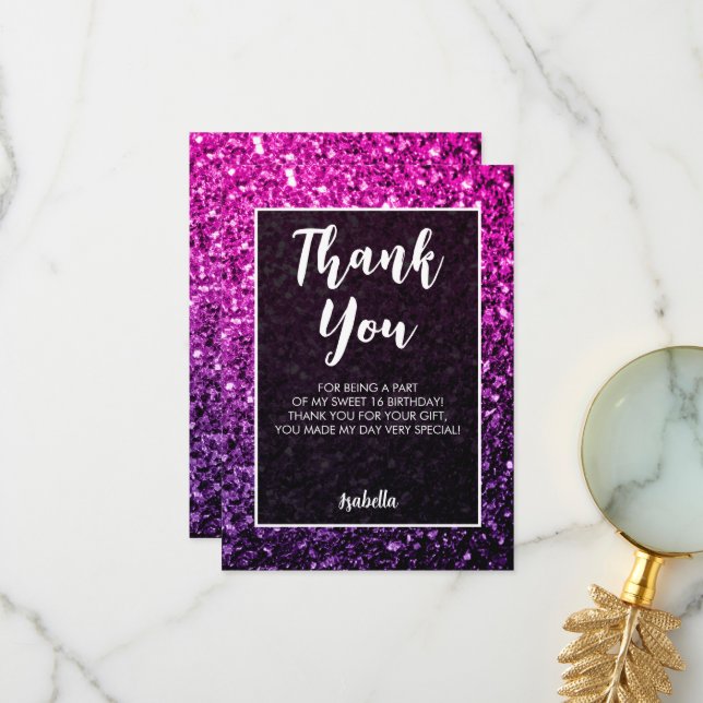 Purple pink ombre sparkles Sweet 16 elegant script Thank You Card (Front/Back In Situ)