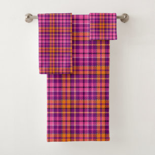 Purple Pink Orange Plaid Tartan Design Bath Towel Set