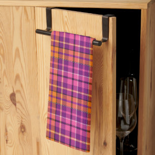 Purple Pink Orange Plaid Tartan Design  Tea Towel