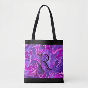 Purple Pink Painted Damask Pattern with Monogram Tote Bag