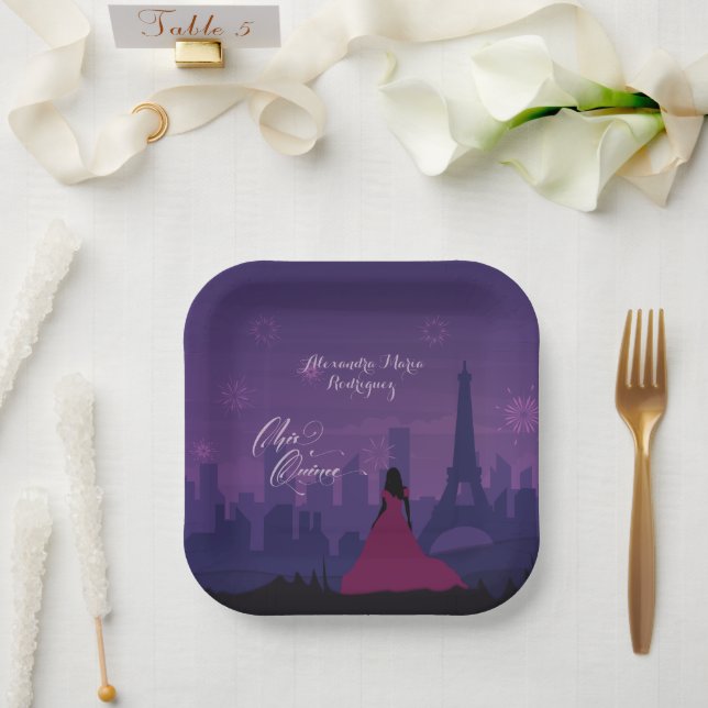 Purple Pink Paris Fireworks Quinceañera Paper Plate (Wedding)