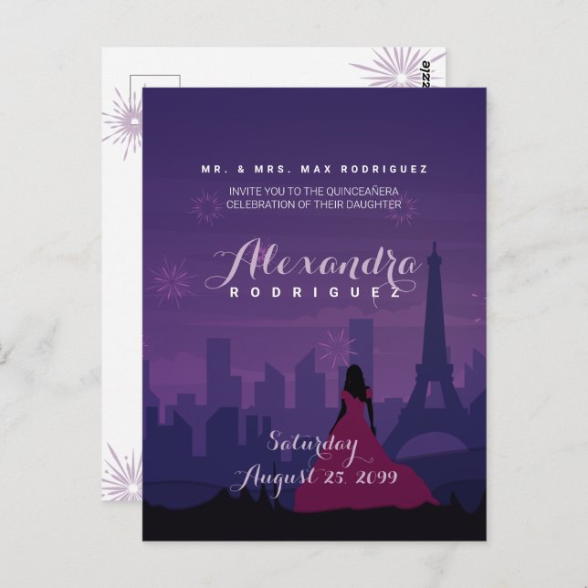 Purple Pink Paris Fireworks Quinceañera Postcard (Front/Back)