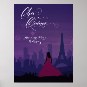 Purple Pink Paris Fireworks Quinceañera Poster