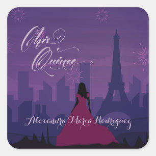 Purple Pink Paris Fireworks Quinceañera Square Sticker