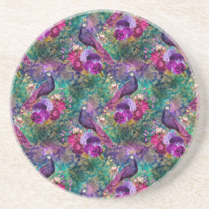Purple Pink Peacock Floral Coaster