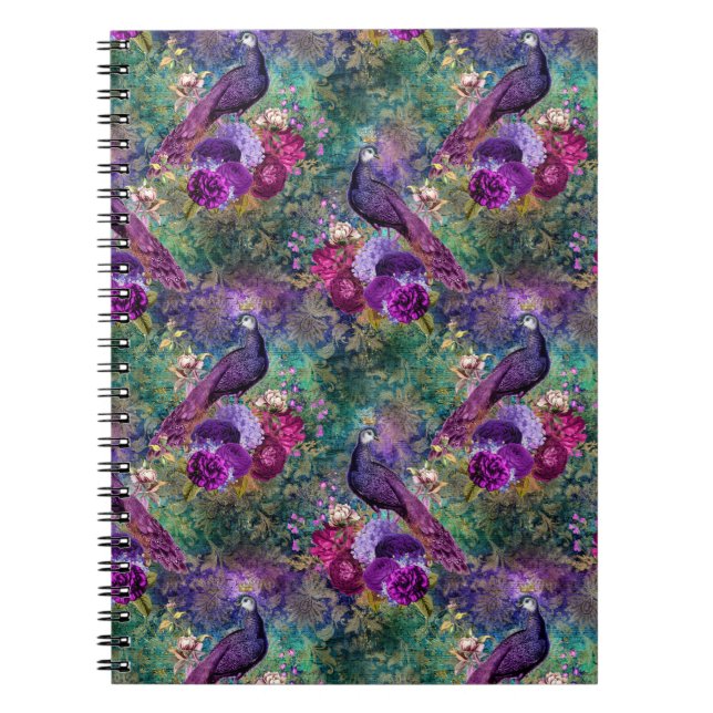Purple Pink Peacock Floral Notebook (Front)