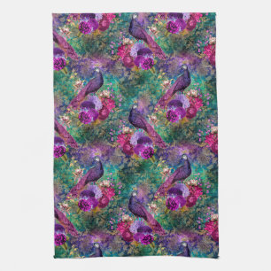 Purple Pink Peacock Floral Tea Towel