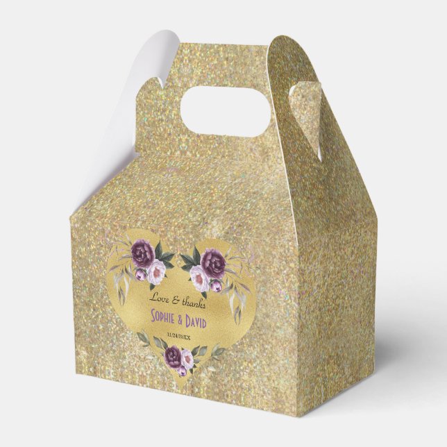 Purple Pink Peony Flowers Gold Glitter Wedding Favour Box (Front Side)