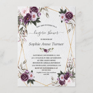 Purple Pink Peony Flowers Gold Lingerie Shower Invitation